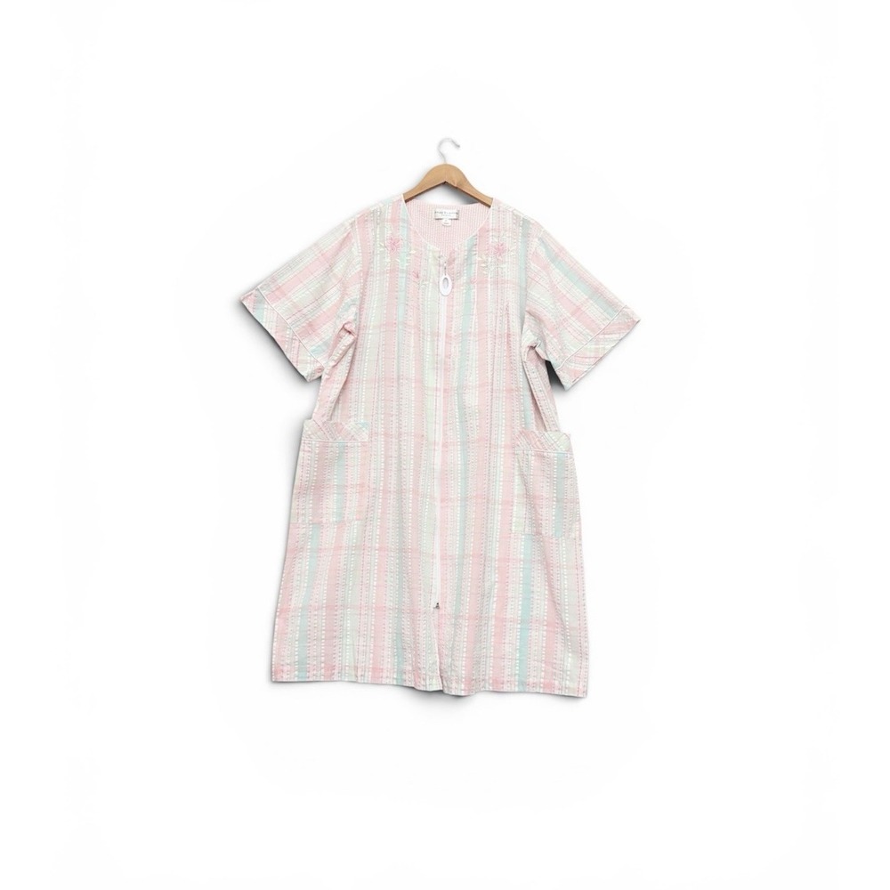 Miss Elaine Striped Seersucker Embroidered‎ Zip Nightgown House Dress 2X Pockets